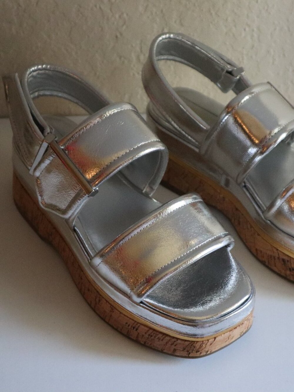 Franco Sarto Silver Metallic Platform Sandals — Cork Flatform, Size 7